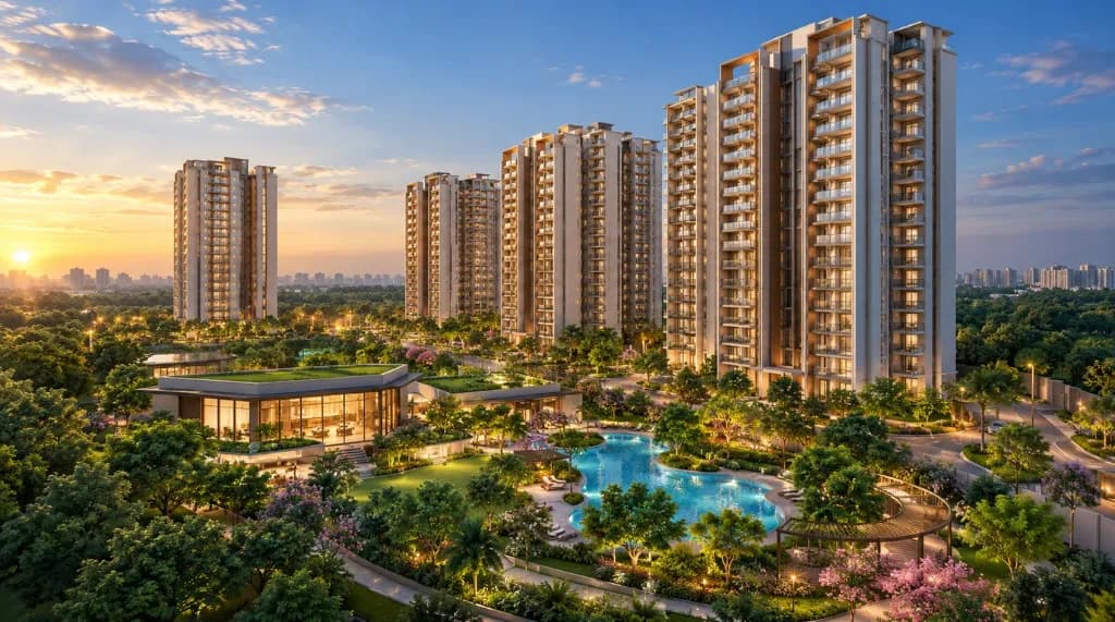 Twilight view of Hero Leafsong Retreat high-rise facade, Greater Noida - artist's impression