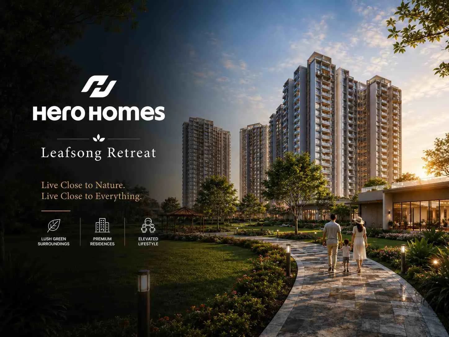 Hero Leafsong Retreat towers and landscaped entrance at dusk in Sector MU, Greater Noida - artist's impression